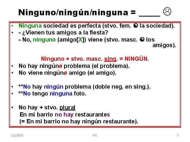 Ninguno/ningún/ninguna = _____ • Ninguna sociedad es perfecta (stvo. fem. la sociedad). • -