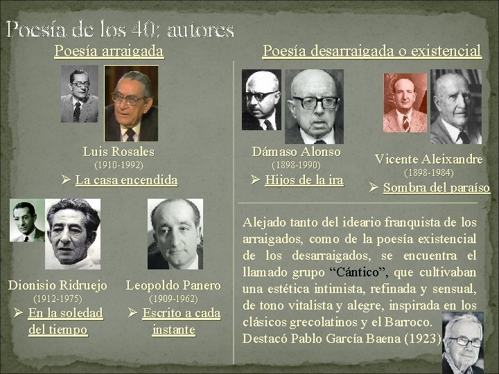 Poesía de los 40: autores Poesía arraigada Poesía desarraigada o existencial Luis Rosales Dámaso