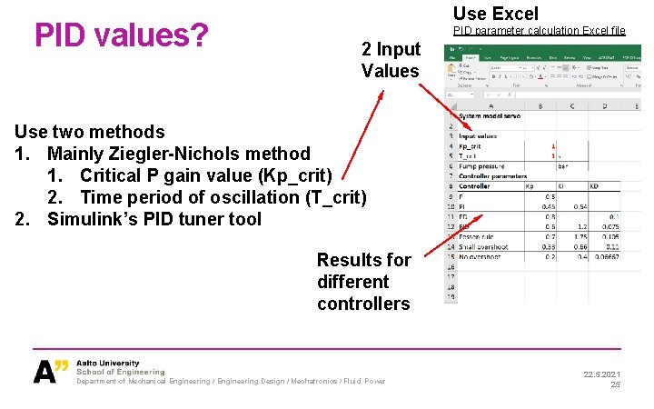 PID values? Use Excel PID parameter calculation Excel file 2 Input Values Use two