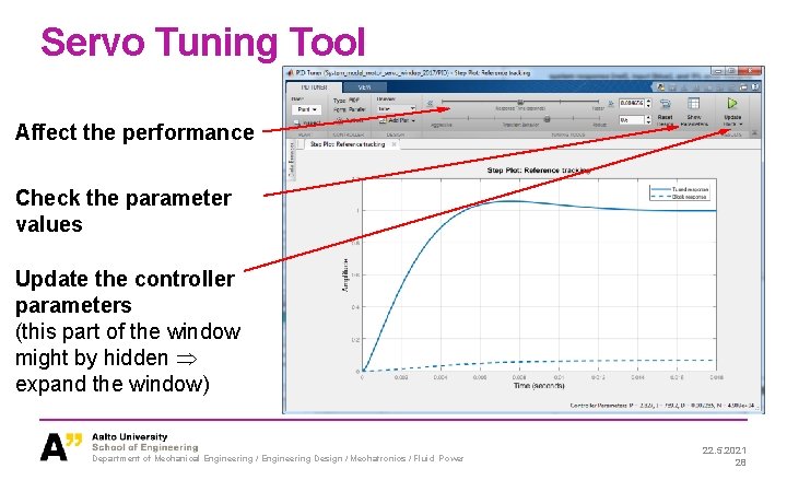 Servo Tuning Tool Affect the performance Check the parameter values Update the controller parameters