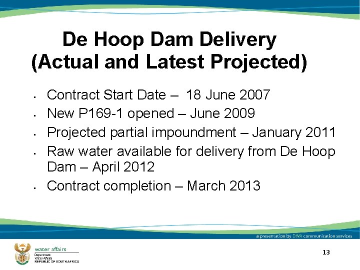 De Hoop Dam Delivery (Actual and Latest Projected) • • • Contract Start Date