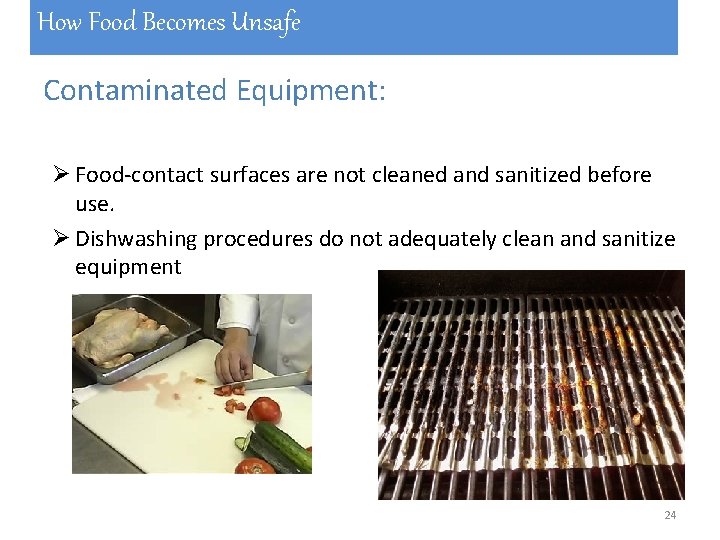 How Food Becomes Unsafe Contaminated Equipment: Ø Food-contact surfaces are not cleaned and sanitized How Food Becomes Unsafe Contaminated Equipment: Ø Food-contact surfaces are not cleaned and sanitized