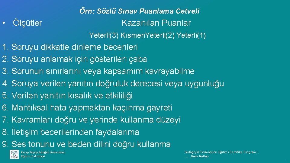 Örn: Sözlü Sınav Puanlama Cetveli • Ölçütler Kazanılan Puanlar Yeterli(3) Kısmen. Yeterli(2) Yeterli(1) 1.