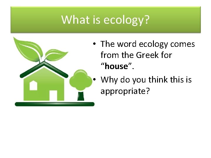 What is ecology? • The word ecology comes from the Greek for “house”. •