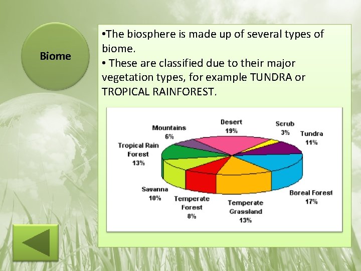 Biome • The biosphere is made up of several types of biome. • These