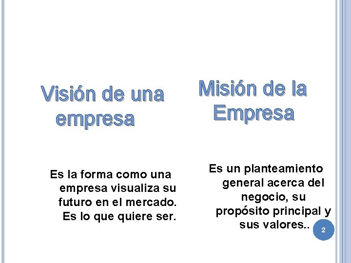 Visión de una empresa Es la forma como una empresa visualiza su futuro en