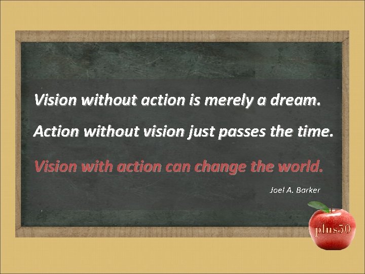 Vision without action is merely a dream. Action without vision just passes the time.