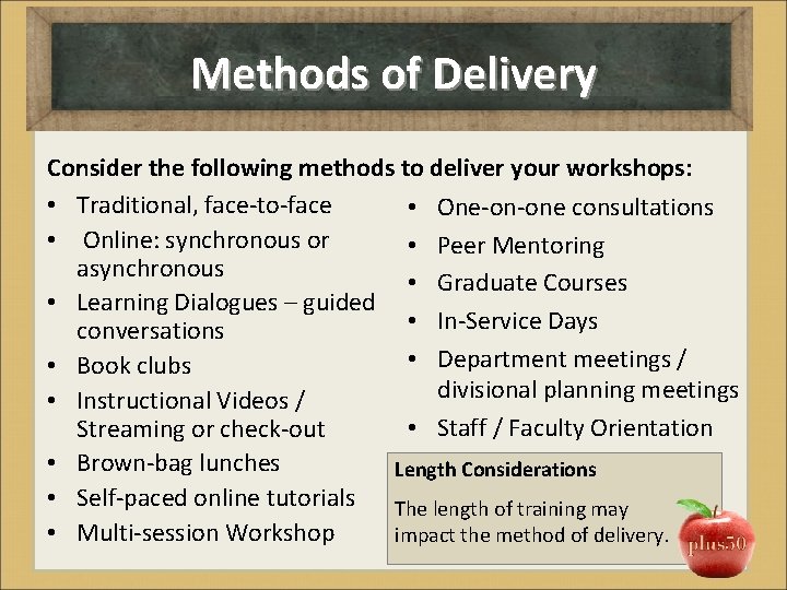 Methods of Delivery Consider the following methods to deliver your workshops: • Traditional, face‐to‐face