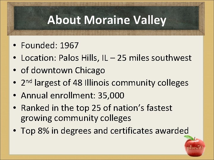 About Moraine Valley Founded: 1967 Location: Palos Hills, IL – 25 miles southwest of