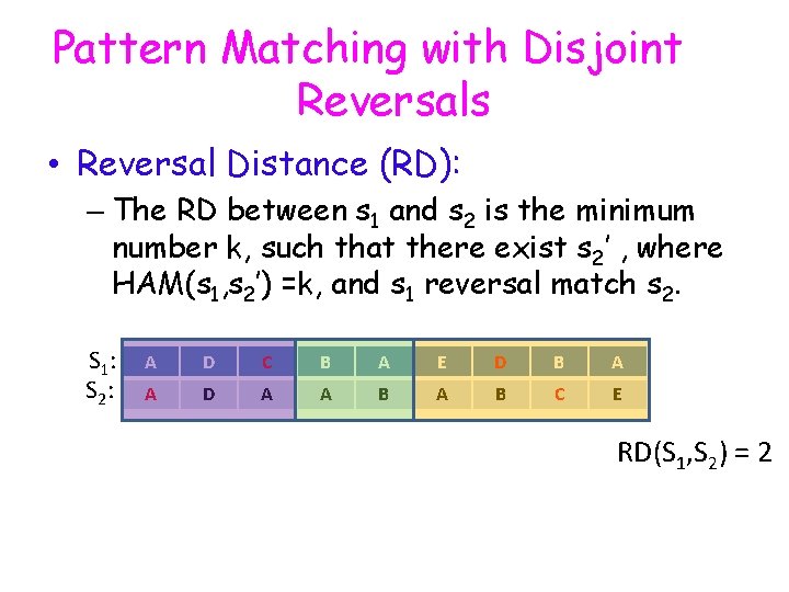 Pattern Matching with Disjoint Reversals • Reversal Distance (RD): – The RD between s Pattern Matching with Disjoint Reversals • Reversal Distance (RD): – The RD between s