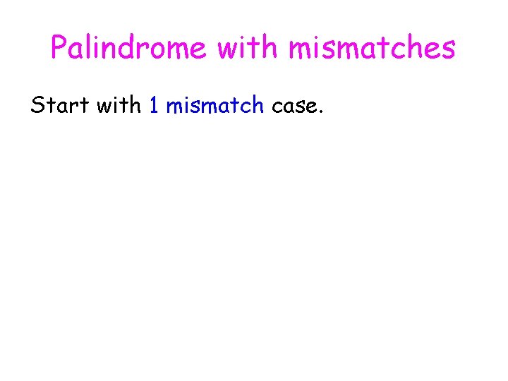 Palindrome with mismatches Start with 1 mismatch case. 