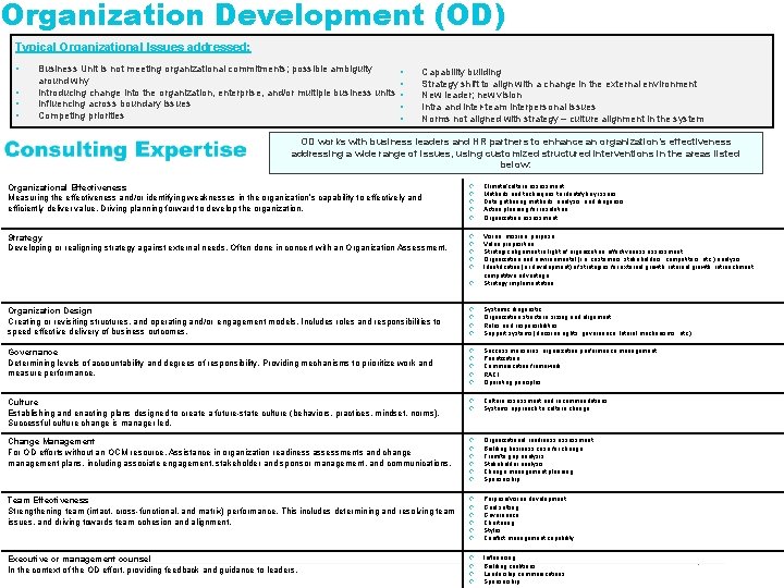 Organization Development (OD) Typical Organizational Issues addressed: • • Business Unit is not meeting