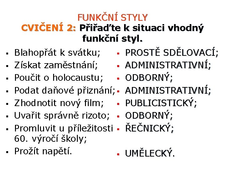 FUNKČNÍ STYLY CVIČENÍ 2: Přiřaďte k situaci vhodný funkční styl. § § § §