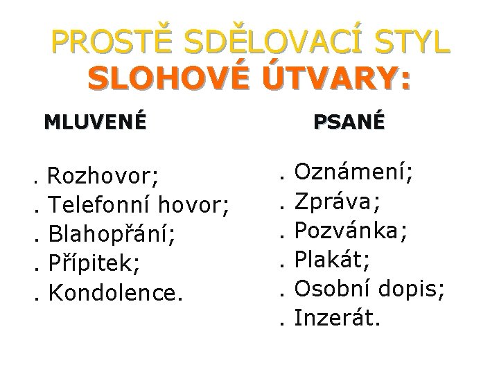 PROSTĚ SDĚLOVACÍ STYL SLOHOVÉ ÚTVARY: MLUVENÉ. Rozhovor; . . Telefonní hovor; Blahopřání; Přípitek; Kondolence.