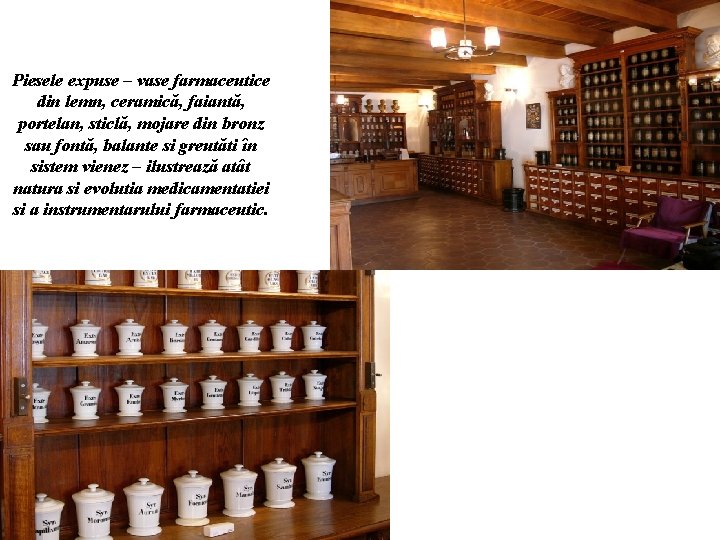 Piesele expuse – vase farmaceutice din lemn, ceramică, faiantă, portelan, sticlă, mojare din bronz