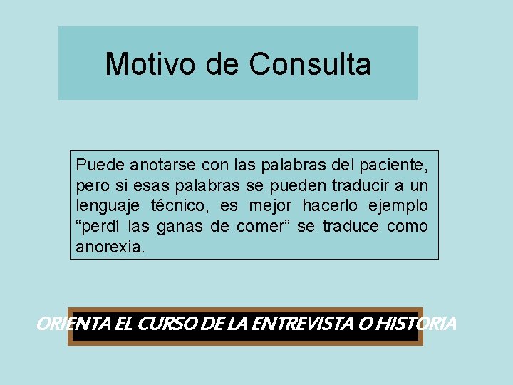 Motivo de Consulta Puede anotarse con las palabras del paciente, pero si esas palabras