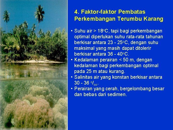 4. Faktor-faktor Pembatas Perkembangan Terumbu Karang • Suhu air > 18 o. C, tapi