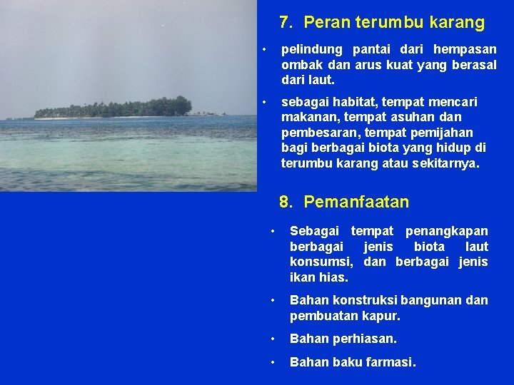 7. Peran terumbu karang • pelindung pantai dari hempasan ombak dan arus kuat yang