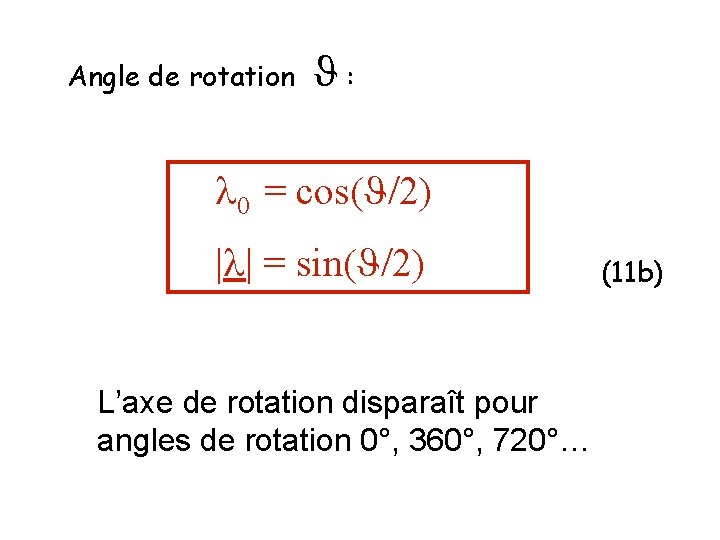 Angle de rotation : 0 = cos( /2) | | = sin( /2) L’axe