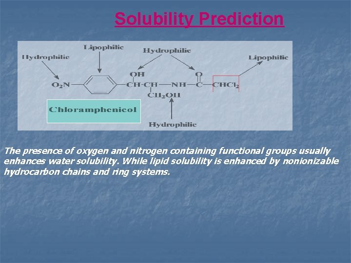 Solubility Prediction The presence of oxygen and nitrogen containing functional groups usually enhances water