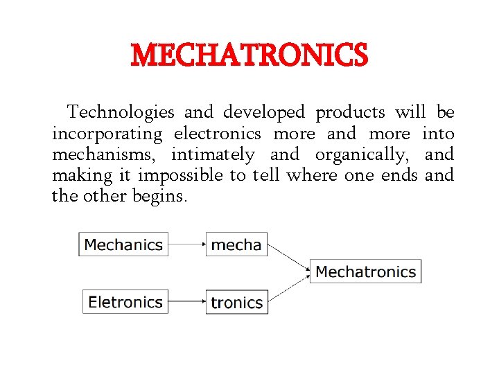 MECHATRONICS Technologies and developed products will be incorporating electronics more and more into mechanisms,