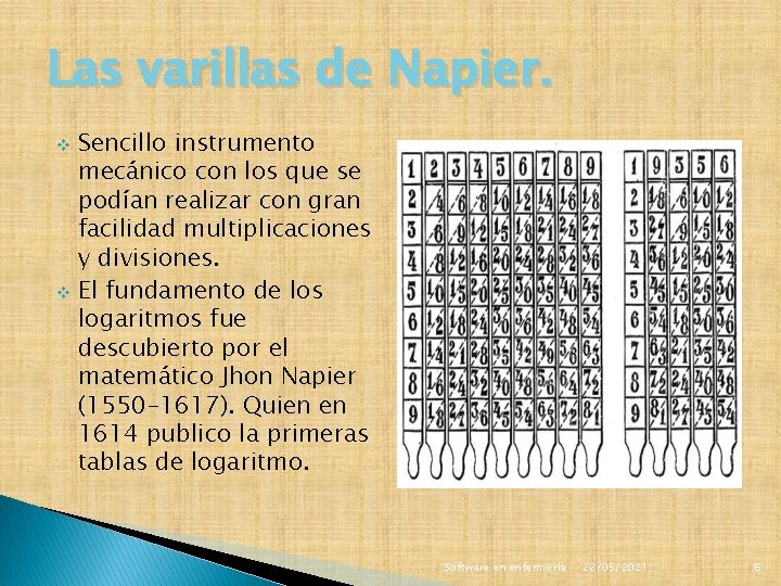 Las varillas de Napier. Sencillo instrumento mecánico con los que se podían realizar con