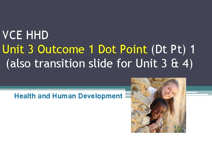 VCE HHD Unit 3 Outcome 1 Dot Point (Dt Pt) 1 (also transition slide