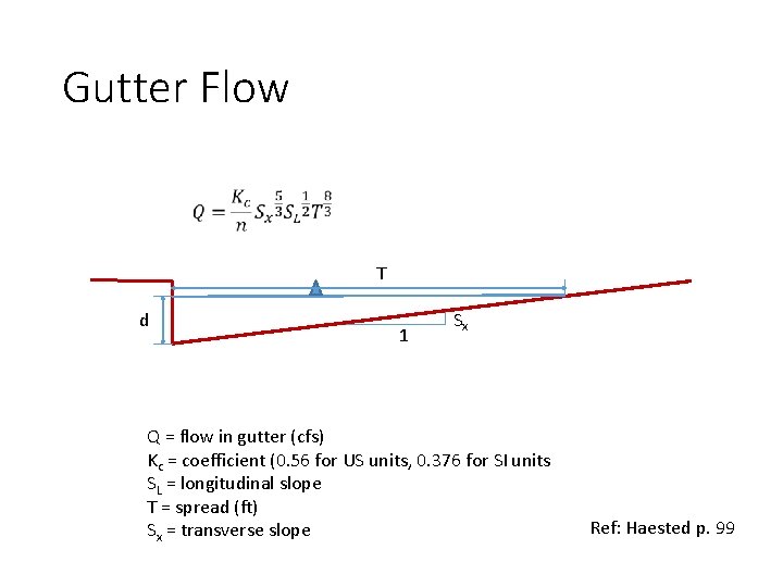 Gutter Flow T d 1 Sx Q = flow in gutter (cfs) Kc =