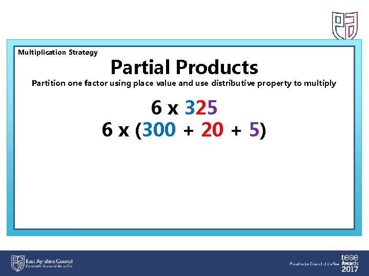 Multiplication Strategy Partial Products Partition one factor using place value and use distributive property