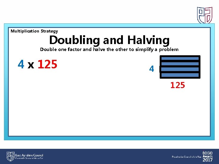 Multiplication Strategy Doubling and Halving Double one factor and halve the other to simplify