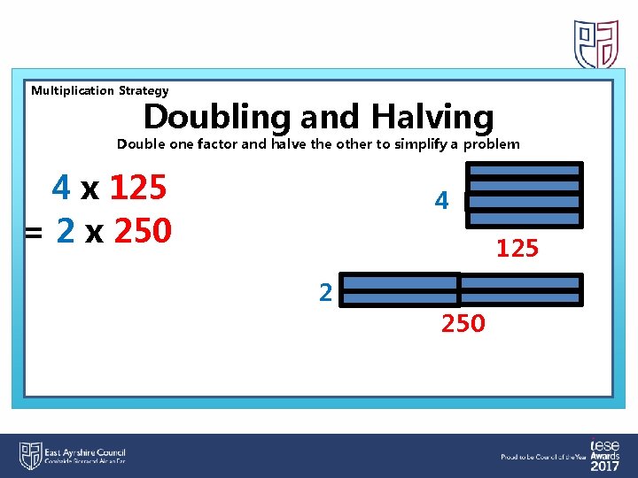 Multiplication Strategy Doubling and Halving Double one factor and halve the other to simplify