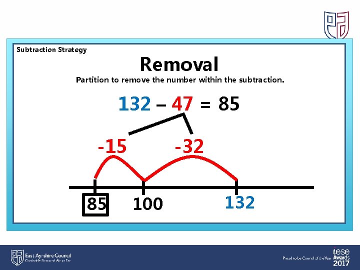 Subtraction Strategy Removal Partition to remove the number within the subtraction. 132 – 47