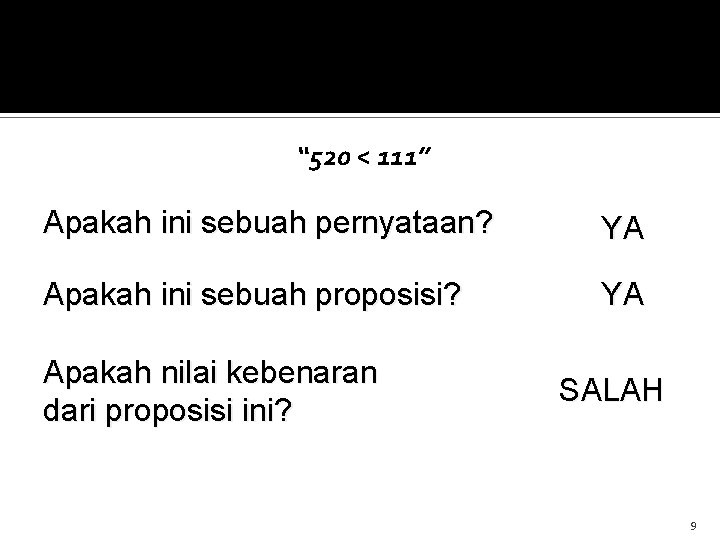 Permainan “ 520 < 111” Apakah ini sebuah pernyataan? YA Apakah ini sebuah proposisi?