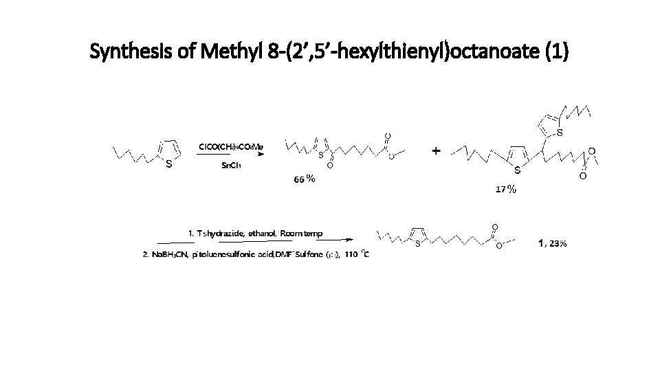 Synthesis of Methyl 8 -(2’, 5’-hexylthienyl)octanoate (1) Scheme 3: Caglioti reaction (Hydrazone reduction) over