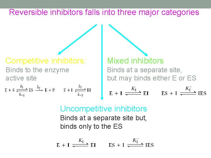 Reversible inhibitors falls into three major categories Competitive inhibitors: Mixed inhibitors Binds to the Reversible inhibitors falls into three major categories Competitive inhibitors: Mixed inhibitors Binds to the