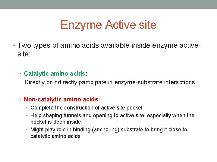 Enzyme Active site • Two types of amino acids available inside enzyme active- site: Enzyme Active site • Two types of amino acids available inside enzyme active- site: