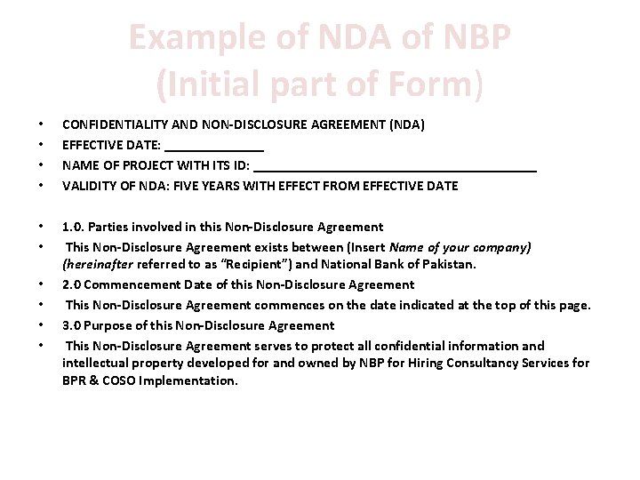 Example of NDA of NBP (Initial part of Form) • • CONFIDENTIALITY AND NON‐DISCLOSURE Example of NDA of NBP (Initial part of Form) • • CONFIDENTIALITY AND NON‐DISCLOSURE