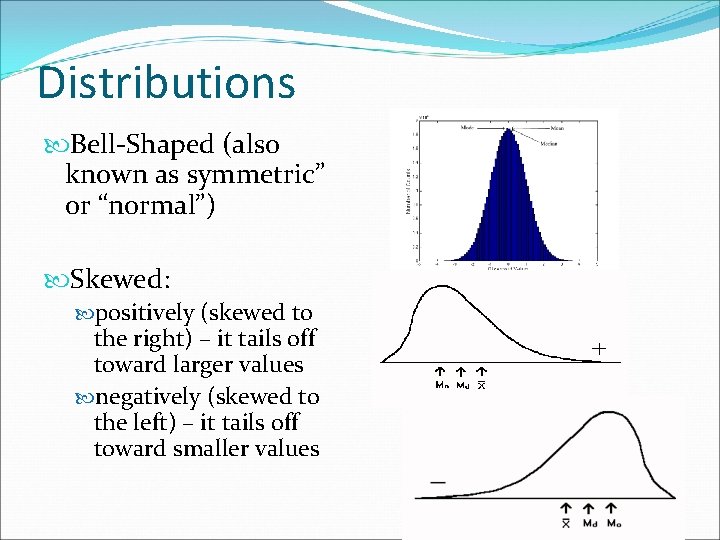 Distributions Bell-Shaped (also known as symmetric” or “normal”) Skewed: positively (skewed to the right)