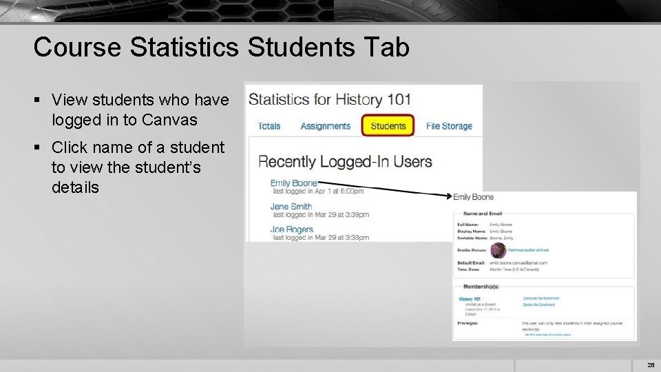 Course Statistics Students Tab § View students who have logged in to Canvas §