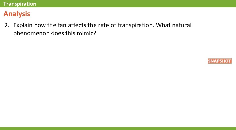 Transpiration Analysis 2. Explain how the fan affects the rate of transpiration. What natural