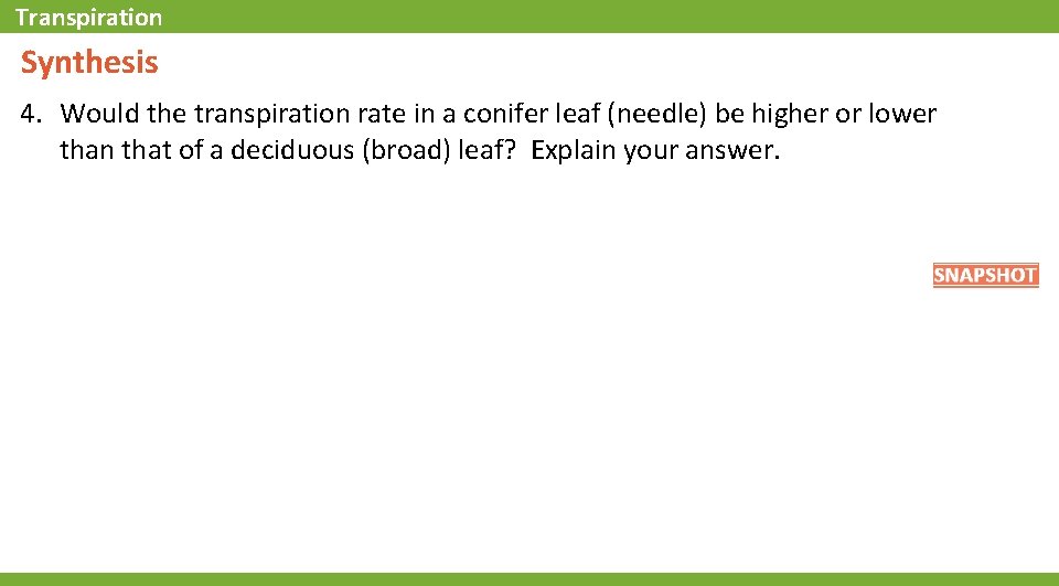 Transpiration Synthesis 4. Would the transpiration rate in a conifer leaf (needle) be higher