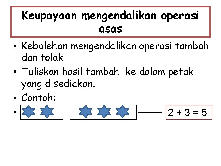 Keupayaan mengendalikan operasi asas • Kebolehan mengendalikan operasi tambah dan tolak • Tuliskan hasil Keupayaan mengendalikan operasi asas • Kebolehan mengendalikan operasi tambah dan tolak • Tuliskan hasil