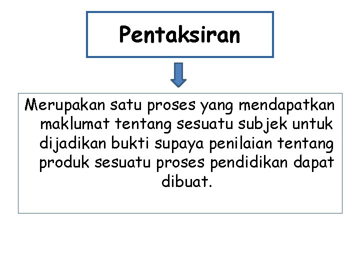 Pentaksiran Merupakan satu proses yang mendapatkan maklumat tentang sesuatu subjek untuk dijadikan bukti supaya Pentaksiran Merupakan satu proses yang mendapatkan maklumat tentang sesuatu subjek untuk dijadikan bukti supaya