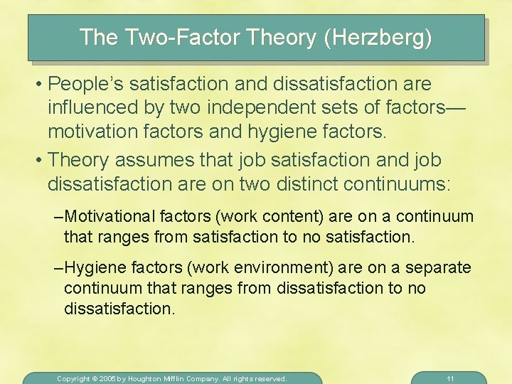 The Two-Factor Theory (Herzberg) • People’s satisfaction and dissatisfaction are influenced by two independent