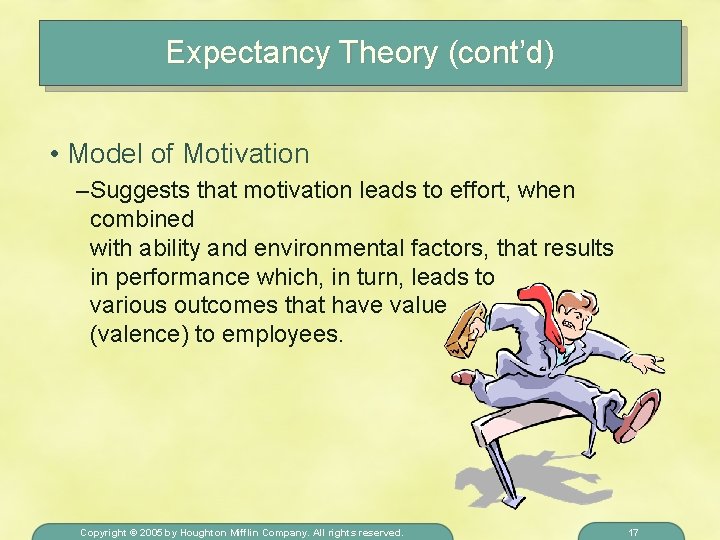 Expectancy Theory (cont’d) • Model of Motivation – Suggests that motivation leads to effort,