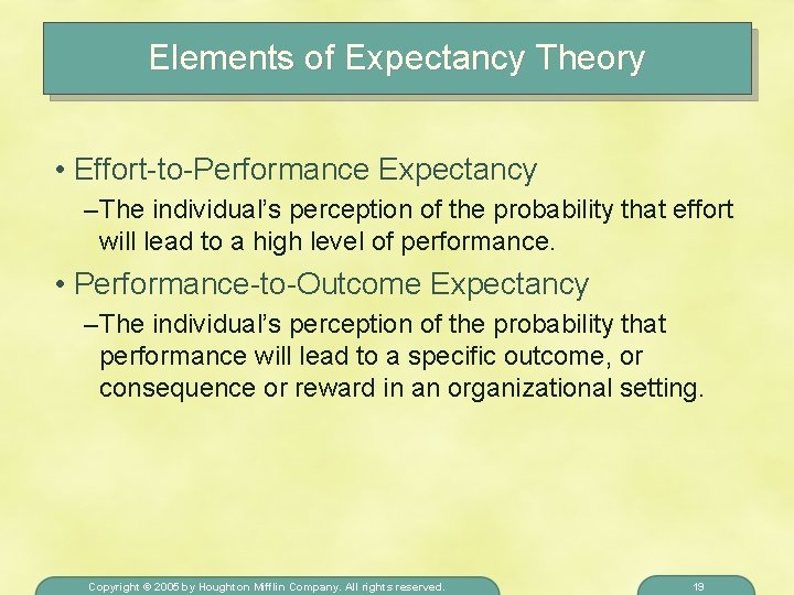 Elements of Expectancy Theory • Effort-to-Performance Expectancy – The individual’s perception of the probability