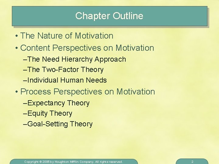 Chapter Outline • The Nature of Motivation • Content Perspectives on Motivation – The