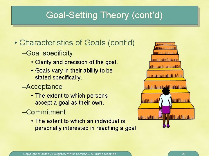 Goal-Setting Theory (cont’d) • Characteristics of Goals (cont’d) – Goal specificity • Clarity and