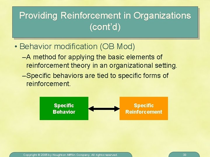 Providing Reinforcement in Organizations (cont’d) • Behavior modification (OB Mod) – A method for