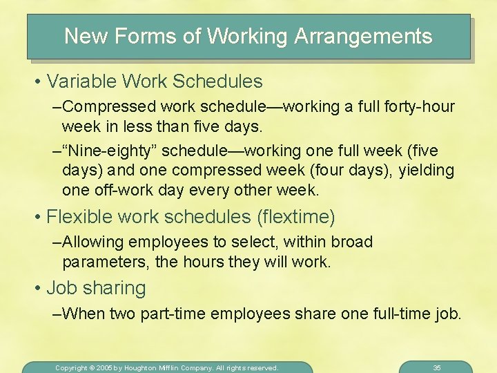 New Forms of Working Arrangements • Variable Work Schedules – Compressed work schedule—working a